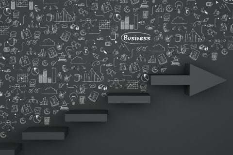 3d illustrsation. Staircase arrow with drawing business sketch. Growth and progress concept